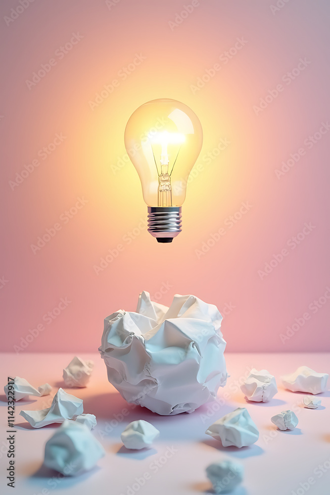 Poster a creative idea forms as a lightbulb illuminates above a scattered paper crumpled ball on a soft pas