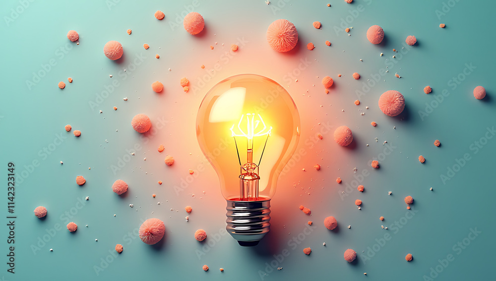 Poster a creative business idea sparks with a group of lightbulbs on a pastel colored background surrounded