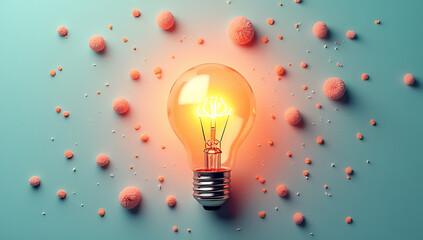 A creative business idea sparks with a group of lightbulbs on a pastel colored background surrounded by concepts and inspiration._00001_