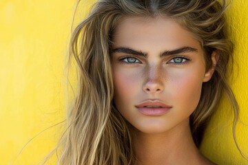 Naklejka premium Beautiful Woman With Long Blonde Hair Against Yellow Background