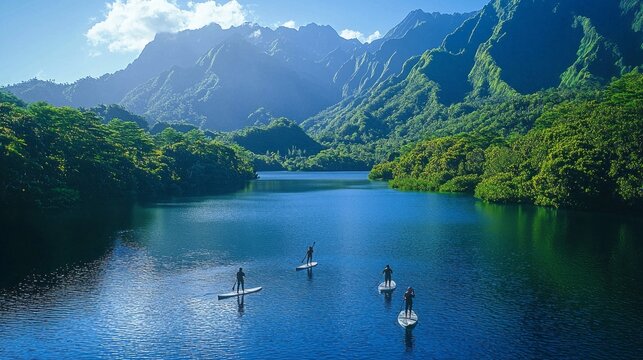A group of people are paddle boarding on a lake - Powered by Adobe