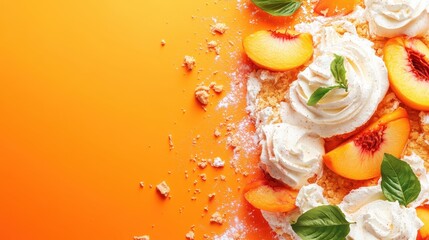 Peach pavlova dessert with whipped cream and basil on orange background. Perfect for summer food blogs, recipe websites, or dessert menus.