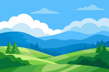 Natural Landscape with Rolling Green Hills and Clear Blue Sky Design
