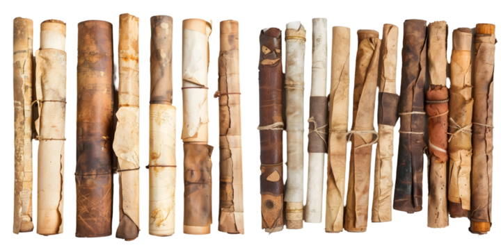 Old narrow parchments or scrolls set isolated on a white background. Generative AI.