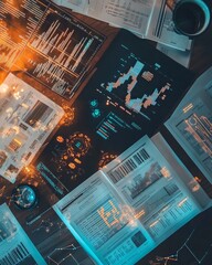Analyzing data trends business strategy meeting financial reports office environment overhead view insightful analysis
