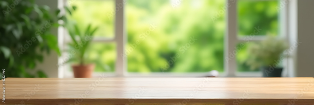 Poster a blurred green garden scene is visible through a window behind an empty wooden table in the room._0