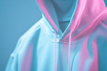 White hoodie on neon blue color background. Mock up advertising merch