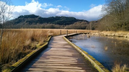 Fototapeta premium Boardwalk pathway through tranquil wetland landscape at nature reserve under clear blue sky and rolling hills