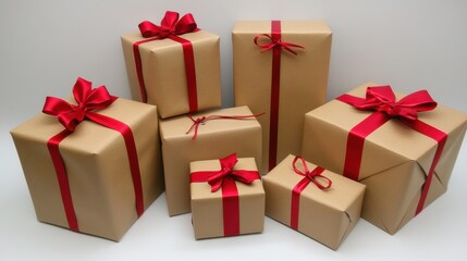 Obraz premium Festive Wrapped Gifts with Red Ribbons on a Neutral Background
