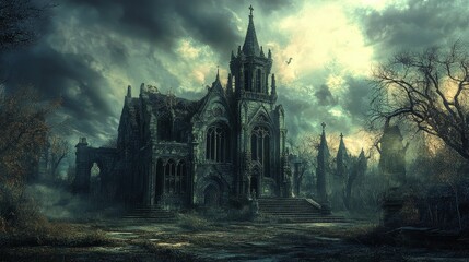 Obraz premium Ruined gothic chapel, overgrown, stormy sky.