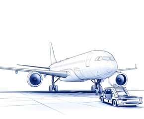 Fototapeta premium Technical sketch of a large passenger aircraft with detailed engines, wings and fuselage, parked on a runway, accompanied by a ground support vehicle, drawn accurately and clearly.
