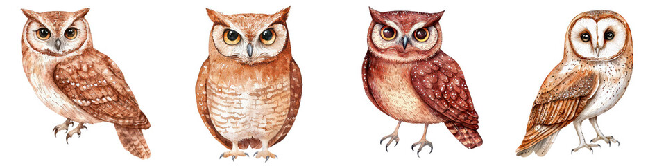 Fototapeta premium Collection of whimsical hand painted watercolor owls perched in a lush forest setting depictions of various brown owl species in a natural rustic style