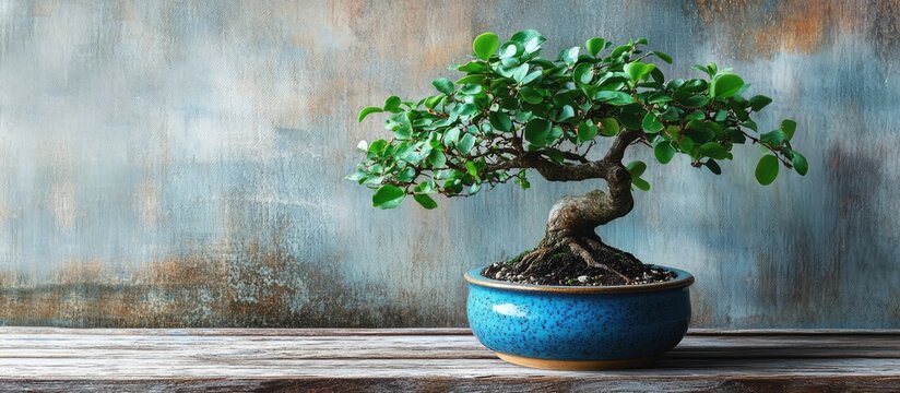 Bonsai ficus panda in a vibrant blue pot on rustic wooden table adding elegance to modern interior decor and enhancing natural ambiance