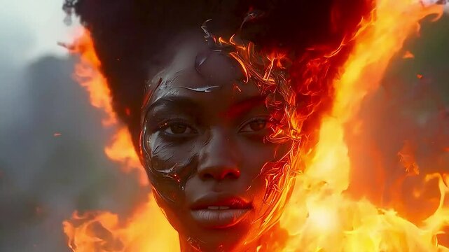 a woman  on fire, with  her face  and  hair  covered in  flames .