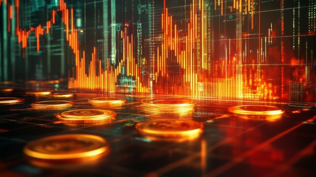 Financial Trends Visualization with Gold Coins and Graphs