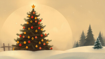 Christmas tree with snow and decorations in winter landscape background.