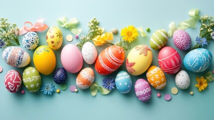Colorful Easter Eggs with Flowers and Ribbons on Blue Background