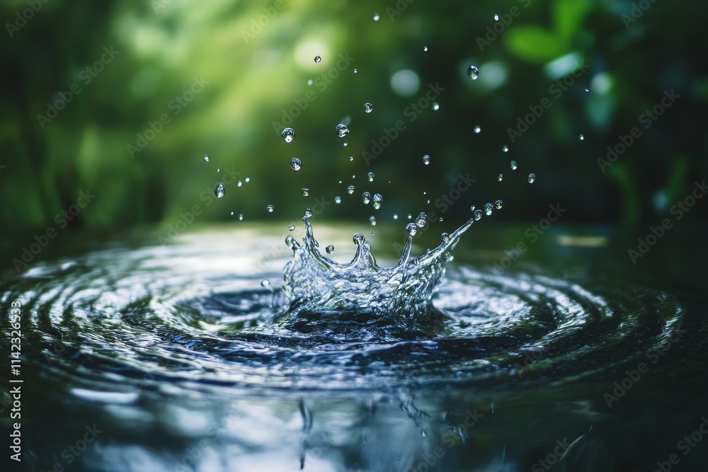 Poster water droplet impact creating a crown splash with concentric ripples on a still surface against a bl