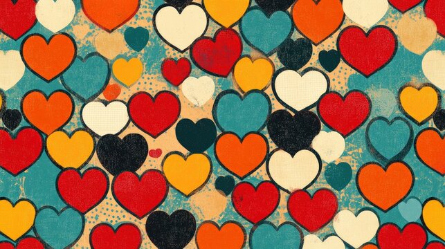 Fototapeta Retro Valentine's Day wallpaper with colorful hearts against a textured backdrop, showcasing vibrant tones and a mid century aesthetic. Perfect for themes of love and affection.