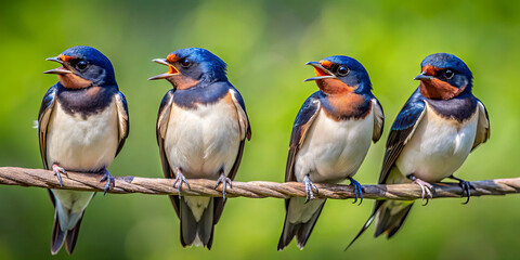 Fototapeta premium Four vibrant birds sit closely together on a branch, singing energetically. They are surrounded by a blurred background of green foliage, creating a lively atmosphere