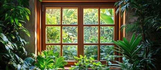 Brown window frame amidst vibrant green plants creating a serene atmosphere with abundant natural...