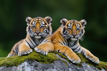 Playful tiger cubs resting on mossy rock in the wild wildlife photography lush green environment close-up view nature conservation