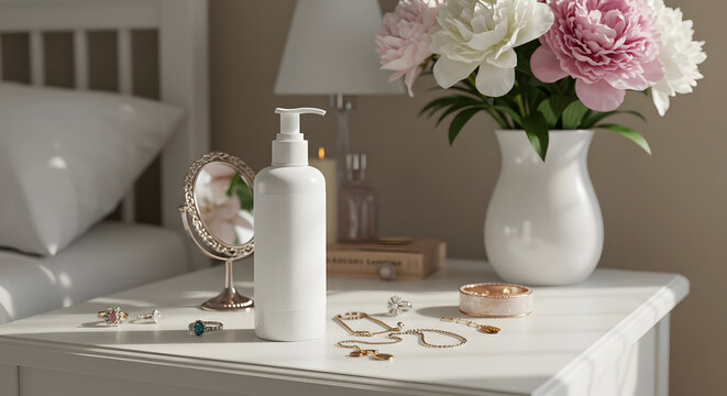 White label lotion bottle in a chic vanity scene