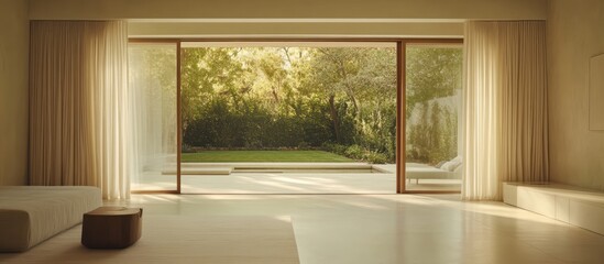 Fototapeta premium Bright airy empty room in soft ivory tones with glass sliding door leading to a serene outdoor backyard oasis in natural sunlight