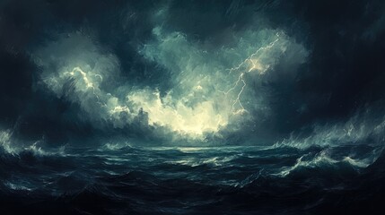 Stormy Seascape: A dramatic digital painting depicting a turbulent ocean under a tempestuous sky, with flashes of lightning illuminating the waves.  The artwork evokes a sense of power and unease. 