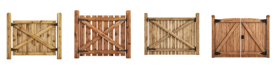 Collection of various rustic wooden farm gate designs for outdoor country landscapes fences and properties  Vintage old and natural textured wooden gates in different styles and patterns