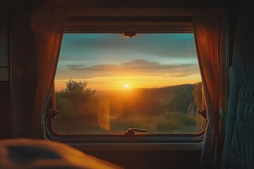 Fototapeta premium An image capturing the view of a stunning sunset from the window of a motorhome, parked in a serene natural landscape.
