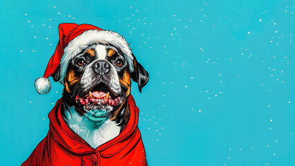 Cute dog in a red cloak with Santa hat