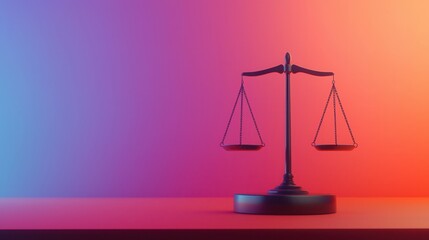 Digital justice balances scales with a gavel. Balance scale on a gradient background representing justice.