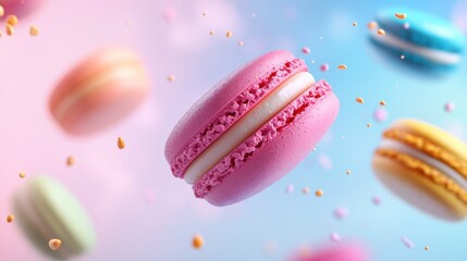 Floating Macarons with Soft Background, Detailed Texture, High-Res, Sharp Focus, Ultra-Realistic, Pro Color Grading, Perfect for Valentine's Day