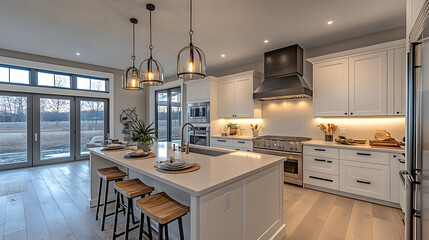 A kitchen with a wooden island and a large window. The kitchen is clean and well-lit, with a modern design. Scene is warm and inviting