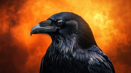 Fototapeta premium Black raven looking on orange fire background