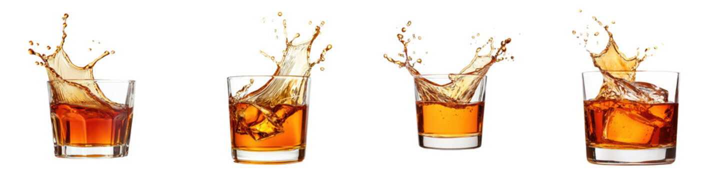 Dramatic splashes and motion of various high end alcoholic beverages including whiskey bourbon and wine captured in crystal clear glassware for sophisticated lifestyle bar and party imagery