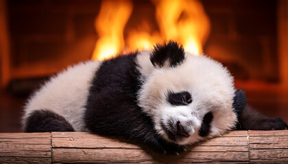 Fototapeta premium Adorable Panda Cub Sleeping by a Cozy Rustic Fireplace