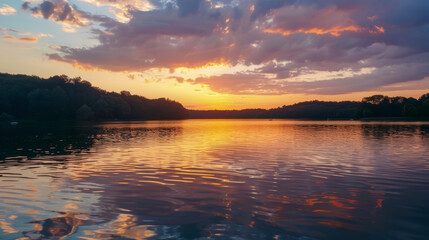 Obraz premium Tranquil Lake Sunset with Vibrant Sky Reflection