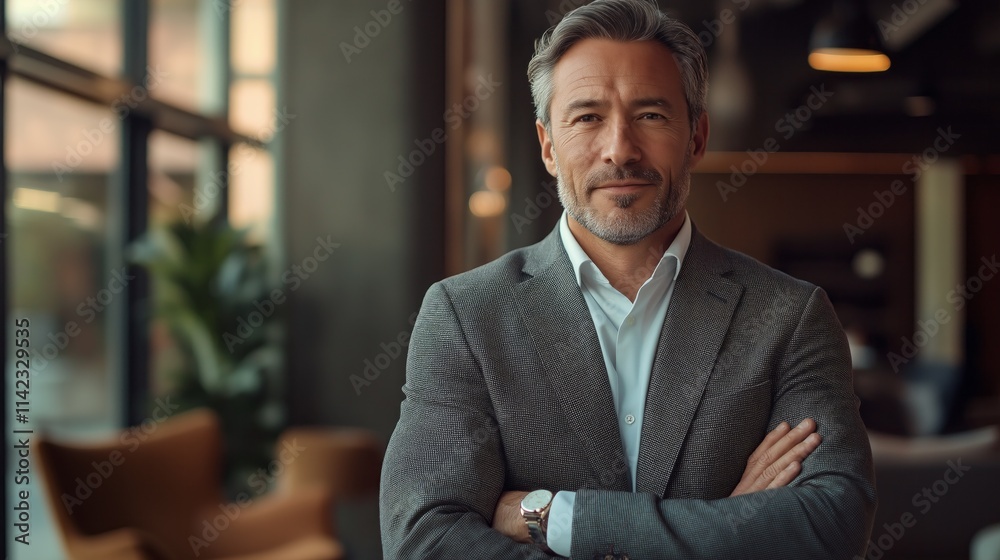 Poster a man wearing a suit and tie is standing in front of a window