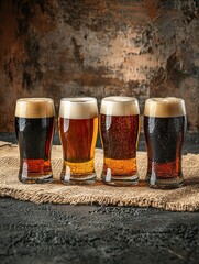 Four glasses of beer in various shades, featuring frothy tops, set on a textured surface, creating a rustic and inviting atmosphere.