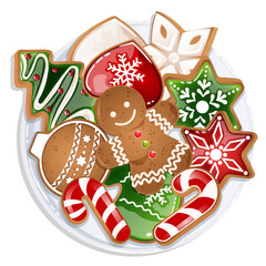 Gingerbread Cookies Plate Top View. Gingerbread man, Candy Cane, Mitten, Christmas Tree, Bauble, Heart & Star-Shaped Festive Cookies 