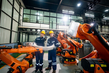 Technicians Examining Robotic Arms in a Modern Manufacturing Facility