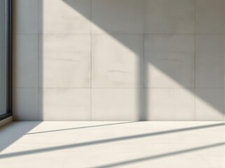 Obraz premium Minimalist empty room with soft sunlight and geometric window shadows on clean white walls