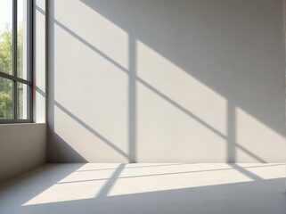 Obraz premium Minimalist empty room with soft sunlight and geometric window shadows on clean white walls