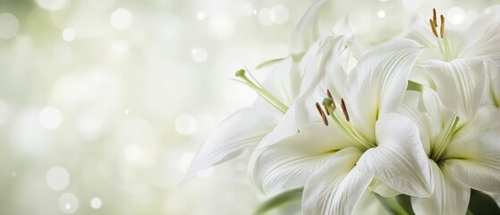 White lily flowers in soft focus with bokeh light effects on pale green background, macro floral photography. Generative AI