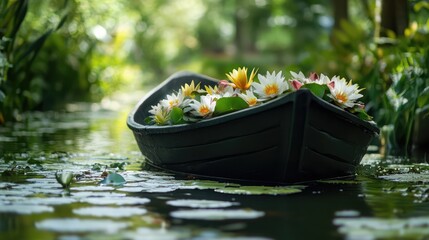 Obraz premium Boat adorned with vibrant waterlilies floating gently on a serene stream surrounded by lush greenery and natural beauty.