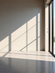 Fototapeta premium Minimalist empty room with soft sunlight and geometric window shadows on clean white walls
