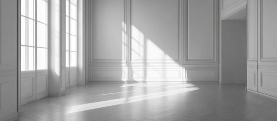 Obraz premium Minimalistic empty white room with smooth walls and polished wooden parquet floor perfect for interior design inspiration and showcases.