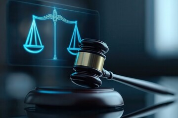 Obraz premium Digital justice balances scales with a gavel. Digital gavel with scales representing law and justice concepts.